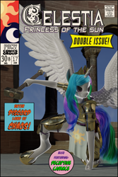 Size: 3009x4492 | Tagged: safe, artist:stellarator, princess celestia, alicorn, anthro, unguligrade anthro, 3d, armor, blender, comic cover, cycles, diadem, fantasy class, female, hammer, hipposandals, horn, jewelry, mare, not sfm, regalia, solo, three point landing, tiara, war hammer, warrior, warrior celestia, weapon, wings