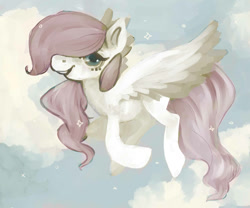 Size: 1200x1000 | Tagged: safe, artist:staticdragon1, fluttershy, pegasus, pony, female, filly, flying, hair over one eye, looking at you, smiling, solo, spread wings, wings