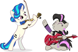 Size: 2927x1957 | Tagged: safe, artist:punzil504, idw, dj pon-3, octavia melody, vinyl scratch, earth pony, pony, alternate hairstyle, bipedal, bow (instrument), cello, cello bow, cute, duo, electric guitar, eyes closed, female, guitar, hoof hold, idw showified, mare, mirror universe, musical instrument, rocktavia, role reversal, simple background, transparent background