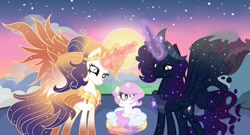 Size: 1024x552 | Tagged: safe, artist:velveagicsentryyt, princess celestia, oc, oc:cosmos, oc:galaxia, oc:king cosmos, oc:queen galaxia, alicorn, pony, 's parents, base used, bipedal, celestia and luna's father, celestia and luna's mother, cewestia, chestplate, colored hooves, colored wings, crown, deviantart watermark, ethereal mane, ethereal tail, father and child, father and daughter, female, filly, flowing mane, flowing tail, foal, glowing horn, husband and wife, jewelry, lidded eyes, magic, male, mare, mother and child, mother and daughter, mother and father, multicolored tail, multicolored wings, obtrusive watermark, parent and child, pillow, previous generation, regalia, stallion, standing on one leg, starry mane, starry tail, sun, wall of tags, watermark, wings, younger