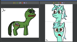 Size: 509x281 | Tagged: safe, artist:deacon blues, lyra heartstrings, 1000 hours in ms paint, derpibooru, exploitable meme, juxtaposition, juxtaposition fail, meme, meta, ms paint, pepe the frog, ponified, stylistic suck