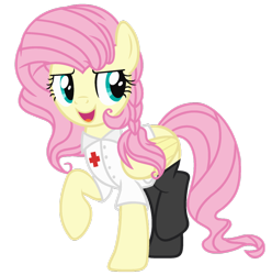 Size: 1024x1033 | Tagged: safe, artist:bezziie, fluttershy, pegasus, pony, alternate hairstyle, braid, clothes, female, flutternurse, folded wings, looking away, looking sideways, mare, nurse outfit, open mouth, raised hoof, raised leg, simple background, smiling, socks, solo, three quarter view, transparent background, wings