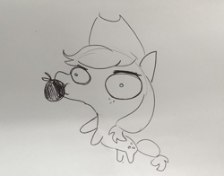 Size: 1521x1192 | Tagged: safe, artist:tjpones, applejack, earth pony, pony, apple, black and white, cowboy hat, doodle, female, food, grayscale, hat, lineart, mare, monochrome, mouth hold, simple background, solo, traditional art, white background