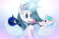 Size: 2400x1600 | Tagged: safe, artist:redahfuhrerking, gusty, gusty the great, princess celestia, princess luna, alicorn, pony, unicorn, g1, g4, baby, baby pony, cewestia, crying, female, filly, foal, g1 to g4, generation leap, magic, mare, tears of joy, telekinesis, trio, woona, younger