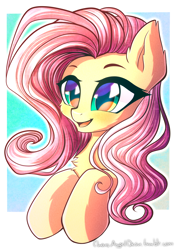 Size: 1414x2000 | Tagged: safe, artist:chaosangeldesu, fluttershy, pegasus, pony, bust, chest fluff, cute, female, happy, mare, open mouth, portrait, shyabetes, smiling, solo