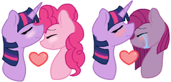 Size: 972x467 | Tagged: safe, artist:junetheicecat, derpibooru import, pinkie pie, twilight sparkle, earth pony, pony, :t, base used, blushing, crying, cute, eyes closed, female, forehead kiss, heart, kissing, lesbian, mare, nuzzling, pinkamena diane pie, shipping, simple background, smiling, tears of joy, twinkie, two sides, white background