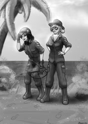 Size: 2480x3508 | Tagged: safe, artist:mozgan, applejack, rarity, human, apocalypse now, assault rifle, beach, clothes, fingerless gloves, footprints, freckles, gloves, gun, humanized, island, m16, ocean, pants, rifle, sand, sunglasses, vietnam war, weapon