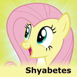 Size: 1799x1799 | Tagged: safe, artist:sollace, derpibooru exclusive, derpibooru import, fluttershy, pegasus, pony, cute, derpibooru, female, mare, meta, open mouth, shyabetes, smiling, solo, spoilered image joke