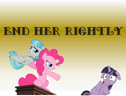 Size: 1164x885 | Tagged: safe, derpibooru import, coco pommel, pinkie pie, twilight sparkle, twilight sparkle (alicorn), alicorn, earth pony, pony, end him rightly, meme, name pun, pun, simple background, skallagrim (youtube), throwing, visual pun