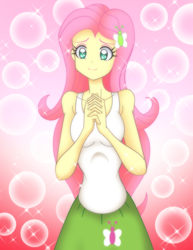 Size: 2076x2694 | Tagged: safe, artist:grandzebulon, fluttershy, equestria girls, fluttershy leans in, anatomically incorrect, anime, bad anatomy, clothes, equestria girls interpretation, female, hands together, scene interpretation, skirt, smiling, solo, tanktop