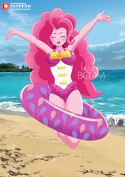 Size: 900x1273 | Tagged: safe, artist:tittoons, pinkie pie, better together, equestria girls, forgotten friendship, anime style, beach, breasts, clothes, eyes closed, female, inflatable, inner tube, ocean, one-piece swimsuit, open mouth, pinkie pies, pool toy, sand, solo, swimsuit, watermark