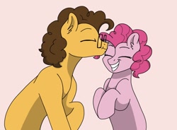 Size: 1362x1000 | Tagged: safe, artist:pastel-charms, cheese sandwich, pinkie pie, pony, cheesepie, female, glasses, happy, kissing, male, pink background, shipping, simple background, straight, text