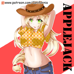 Size: 1100x1100 | Tagged: safe, artist:catifornia, applejack, human, arm behind head, armpits, belly button, clothes, female, hat, humanized, midriff, patreon, patreon logo, shirt, solo