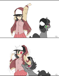 Size: 800x1031 | Tagged: safe, artist:fluttershysone, artist:reavz, oc, oc only, oc:blazing saddles, human, pony, 2 panel comic, blushing, clothes, comic, hat, heterochromia, human ponidox, humanized, jacket, looking at you, looking back, looking back at you, open mouth, piercing, self ponidox, shock, simple background, tickling, white background