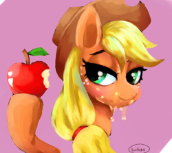 Size: 888x792 | Tagged: safe, artist:pediastrum, applejack, earth pony, pony, simple ways, apple, cowboy hat, female, food, hat, mare, messy eating, solo, stetson