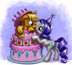 Size: 1600x1459 | Tagged: safe, artist:harwick, applejack, rarity, earth pony, pony, unicorn, bipedal, bipedal leaning, cake, cute, eye contact, female, floppy ears, food, happy birthday, hat, leaning, lesbian, looking at each other, mare, nose wrinkle, party hat, pop out cake, rarijack, shipping, smiling, underhoof