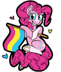 Size: 840x997 | Tagged: safe, artist:sallindaemon, pinkie pie, earth pony, pony, alternate design, blaze (coat marking), colored hooves, female, headcanon, lgbt, lgbt headcanon, lgbtq, looking at you, mare, pansexual pride flag, pride, pride flag, pride month, pride ponies, sexuality headcanon, simple background, smiling, solo, transparent background, underhoof