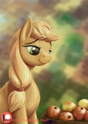 Size: 636x900 | Tagged: safe, artist:kirillk, applejack, earth pony, pony, apple, female, food, mare, missing accessory, patreon, patreon logo, sitting, solo