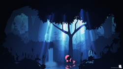 Size: 1600x900 | Tagged: safe, artist:misiekpl, artist:simonk0, fluttershy, pegasus, pony, collaboration, forest, silhouette, solo, water