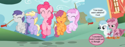 Size: 768x288 | Tagged: safe, edit, edited screencap, screencap, cotton cloudy, dinky hooves, pinkie pie, piña colada, ruby pinch, scootaloo, tornado bolt, earth pony, pony, a friend in deed, applecore, awwpplecore, cottonbetes, cropped, cute, cutealoo, dialogue, diapinkes, dinkabetes, jumprope, pinchybetes, piña cutelada, skipping rope, speech bubble, text, tornadorable