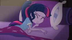 Size: 849x476 | Tagged: safe, derpibooru import, screencap, sci-twi, twilight sparkle, equestria girls, legend of everfree, bed, ponytail, sleeping