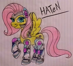 Size: 2447x2204 | Tagged: safe, artist:dawn-designs-art, fluttershy, oc, oc:haten, pegasus, pony, robot, robot pony, epmb, equestria pony meat business, flutterbot, lined paper, solo, traditional art