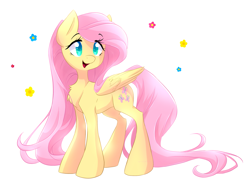 Size: 2885x2248 | Tagged: safe, artist:cynicalsonata, fluttershy, pegasus, pony, chest fluff, cute, female, folded wings, happy, head turn, high res, mare, open mouth, shyabetes, simple background, smiling, solo, standing, white background, wings