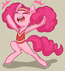 Size: 1177x1297 | Tagged: safe, artist:moonseeker, pinkie pie, earth pony, pony, bipedal, cheerleader, clothes, cute, diapinkes, eyes closed, female, headband, open mouth, pinktails pie, solo