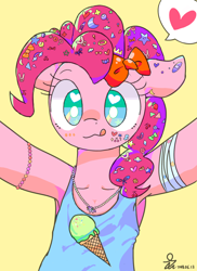 Size: 2000x2746 | Tagged: safe, artist:yunyeyoung, pinkie pie, earth pony, pony, semi-anthro, armpits, bow, candy, clothes, cute, diapinkes, female, food, heart eyes, ice cream, jewelry, necklace, pictogram, solo, tanktop, wingding eyes