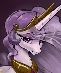 Size: 2374x2851 | Tagged: safe, artist:xbi, princess celestia, alicorn, pony, 30 minute art challenge finished after, bedroom eyes, bust, does this look like the face of mercy, female, jewelry, looking at you, mare, peytral, portrait, princess molestia, regalia, smiling, solo