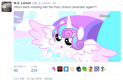 Size: 581x385 | Tagged: safe, screencap, princess flurry heart, spoiler:s06, discovery family logo, drama, flurry heart drama, larson you magnificent bastard, m.a. larson, meme, meta, pony drama generator, solo, text, thanks m.a. larson, twitter