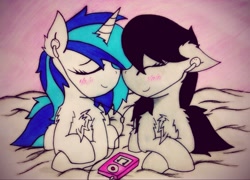 Size: 1991x1433 | Tagged: safe, artist:canvymamamoo, dj pon-3, octavia melody, vinyl scratch, earth pony, pony, unicorn, blushing, boop, chest fluff, eyes closed, female, ipod, lesbian, mare, mp3 player, music, noseboop, scratchtavia, shipping, traditional art