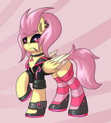 Size: 1000x1100 | Tagged: safe, artist:shad0w-galaxy, fluttershy, pegasus, pony, abstract background, black sclera, clothes, commission, cyberpunk, female, raised hoof, slit eyes, socks, solo, striped socks