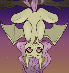 Size: 1515x1616 | Tagged: safe, artist:incapacitatedvixen, fluttershy, bat pony, pony, bat wings, fangs, flutterbat, full body, hanging, looking at you, prehensile tail, race swap, red eyes, slit eyes, solo, split tongue, spread wings, tongue out, upside down, wings