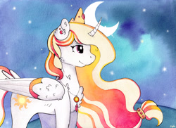 Size: 3360x2444 | Tagged: safe, artist:lightisanasshole, princess celestia, alicorn, pony, cheek fluff, chest fluff, crown, curved horn, cutie mark, ear fluff, ear piercing, earring, galaxy, horn, jewelry, leg fluff, moon, neck fluff, necklace, night, pendant, piercing, poster, profile, redesign, regalia, solo, stars