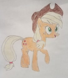 Size: 1024x1173 | Tagged: safe, artist:amaryllisg, applejack, earth pony, pony, female, mare, raised hoof, solo, traditional art