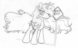 Size: 1036x642 | Tagged: safe, artist:midwestbrony, oc, oc only, oc:hemera, alicorn, pony, /mlp/, 4chan, alicorn oc, bump, meta, monochrome, pun, sign, traditional art, windswept mane