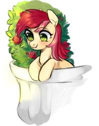 Size: 1029x1308 | Tagged: safe, artist:catzino, roseluck, earth pony, pony, balcony, blushing, cute, cuteluck, female, flower, looking down, mare, rose, rose bush, simple background, smiling, white background