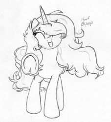 Size: 702x774 | Tagged: safe, artist:midwestbrony, oc, oc only, oc:hemera, alicorn, pony, /mlp/, 4chan, alicorn oc, bump, frog (hoof), grayscale, happy, hoofbump, meta, monochrome, smiling at you, solo, traditional art, underhoof