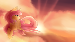 Size: 5000x2811 | Tagged: safe, artist:jacobdawz, fluttershy, pegasus, pony, colored wings, colored wingtips, female, head turn, looking away, mare, sky, smiling, solo, spread wings, sunset, wings