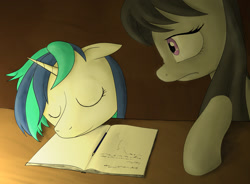 Size: 2000x1475 | Tagged: safe, artist:plotcore, dj pon-3, octavia melody, vinyl scratch, earth pony, pony, unicorn, eyes closed, female, mare, newbie artist training grounds, notebook, pencil, sleeping