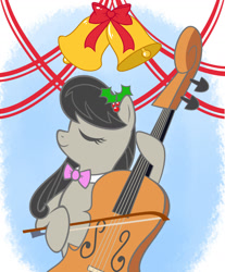 Size: 1280x1547 | Tagged: safe, artist:yasikins, octavia melody, earth pony, pony, bells, bow (instrument), cello, eyes closed, female, holly, mare, musical instrument, solo