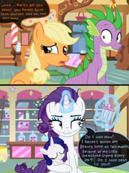 Size: 2048x2732 | Tagged: safe, artist:justsomepainter11, applejack, rarity, spike, oc, oc:gemstone, dragon, earth pony, pony, unicorn, baby bottle, comic, dialogue, offspring, older, older spike, parent:fancypants, parent:rarity, parents:raripants