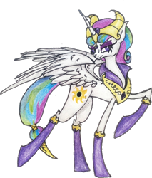 Size: 604x710 | Tagged: safe, artist:mysteriousshine, idw, princess celestia, alicorn, pony, clothes, evil celestia, female, frown, mare, peytral, raised hoof, simple background, socks, solo, traditional art, transparent background