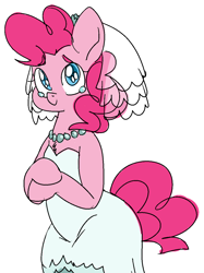 Size: 933x1248 | Tagged: safe, artist:/d/non, pinkie pie, earth pony, pony, semi-anthro, 30 minute art challenge, bride, clothes, crying, cute, diapinkes, dress, female, happy, jewelry, necklace, pearl necklace, simple background, smiling, solo, wedding dress, white background