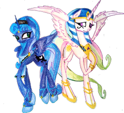 Size: 632x573 | Tagged: safe, artist:mysteriousshine, idw, princess celestia, princess luna, alicorn, pony, reflections, spoiler:comic, alternate hairstyle, artemis luna, duo, egyptian, egyptian pony, female, hoof shoes, makeup, mare, peytral, ra celestia, raised hoof, siblings, simple background, spread wings, traditional art, transparent background, wings
