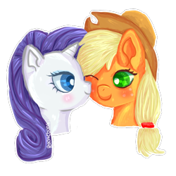 Size: 800x800 | Tagged: safe, artist:peachiebuns, applejack, rarity, earth pony, pony, unicorn, blushing, female, kiss on the cheek, kissing, lesbian, rarijack, shipping