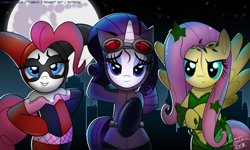 Size: 1500x900 | Tagged: safe, artist:lennonblack, fluttershy, pinkie pie, rarity, earth pony, pegasus, pony, unicorn, batman, catwoman, city, clothes, costume, crossover, dc comics, female, full moon, gotham city, harley quinn, looking at you, mare, mare in the moon, moon, night, nightmare night, pinkie quinn, poison ivy, poison ivyshy