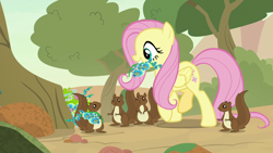 Size: 1280x720 | Tagged: safe, screencap, fluttershy, pegasus, pony, squirrel, sounds of silence, female, flower, foal's breath, mare, mouth hold