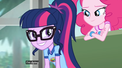 Size: 844x469 | Tagged: safe, derpibooru import, screencap, pinkie pie, sci-twi, twilight sparkle, equestria girls, legend of everfree, bus, camp everfree logo, camp everfree outfits, caption, female, glasses, grin, meme, ponytail, smiling, youtube caption